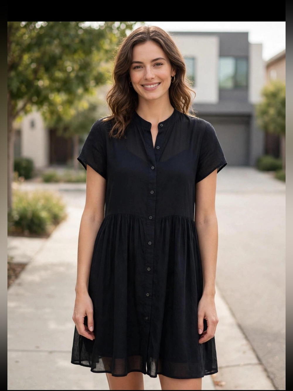 GAP Black Short-Sleeve Babydoll Button-Front Mini Dress